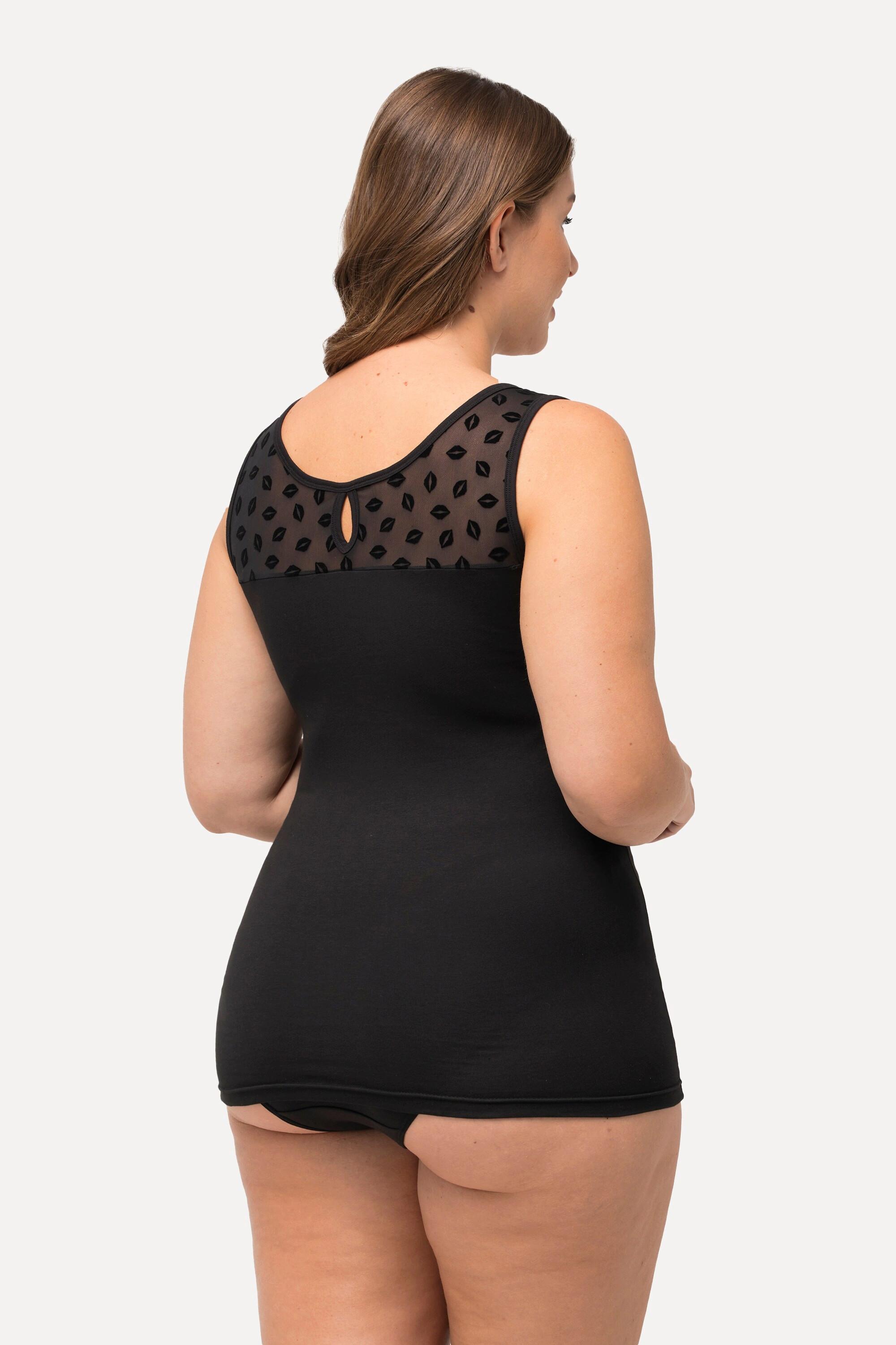 Ulla Popken  Maillot de corps col rond, empiècement en mesh avec petites bouches floquées 