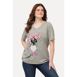 Ulla Popken  T-shirt à motif faon et fleurs, coupe Classic. Col V et manches courtes 