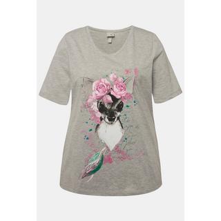 Ulla Popken  T-shirt à motif faon et fleurs, coupe Classic. Col V et manches courtes 