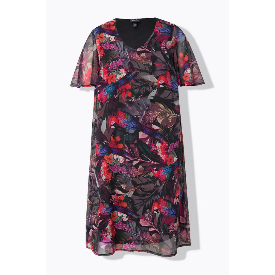 Ulla Popken Abito svasato pappagalli scollo a V mezze maniche a campana  