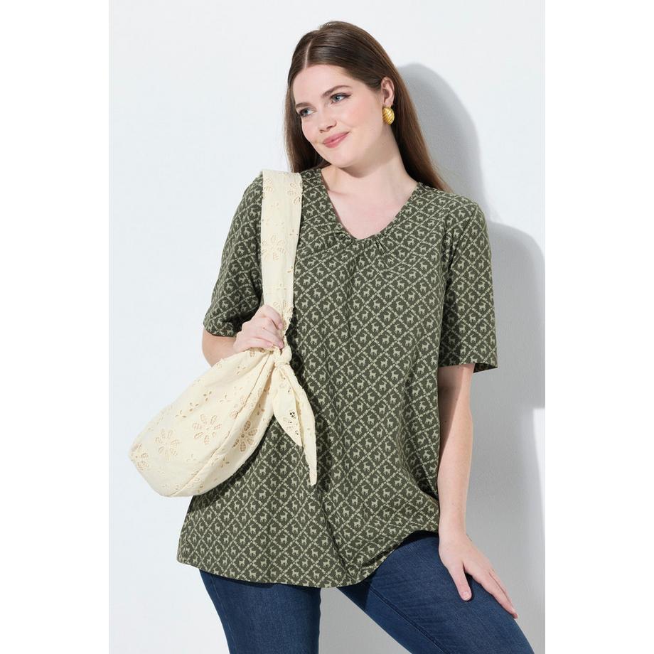 Ulla Popken T-Shirt Fantasia Tradizionale Taglio Svasato Scollo a V Mezze Maniche  