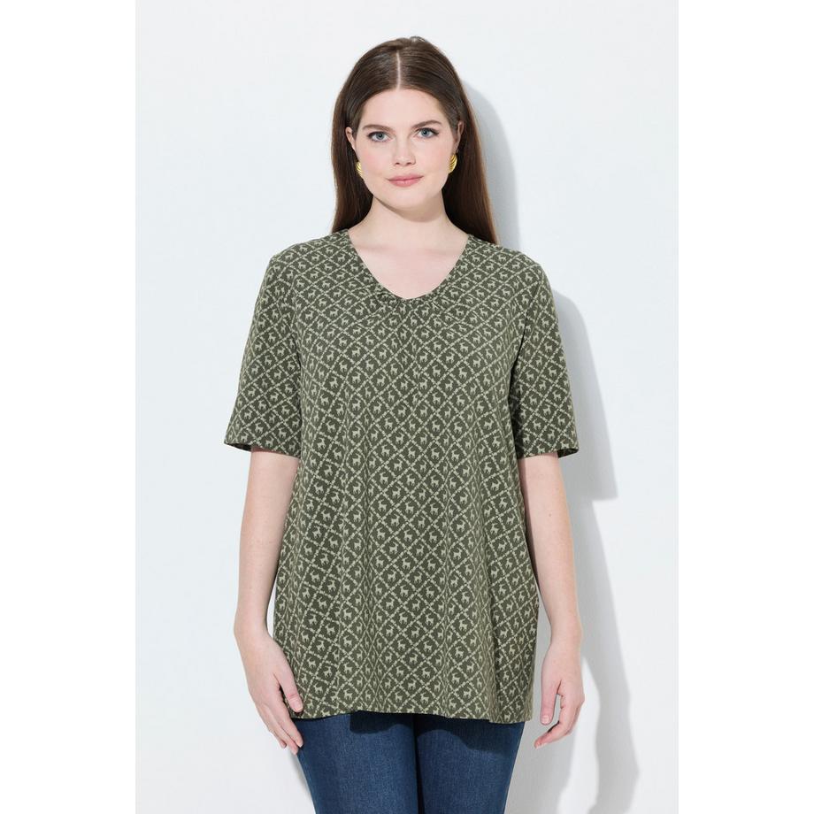 Ulla Popken T-Shirt Fantasia Tradizionale Taglio Svasato Scollo a V Mezze Maniche  