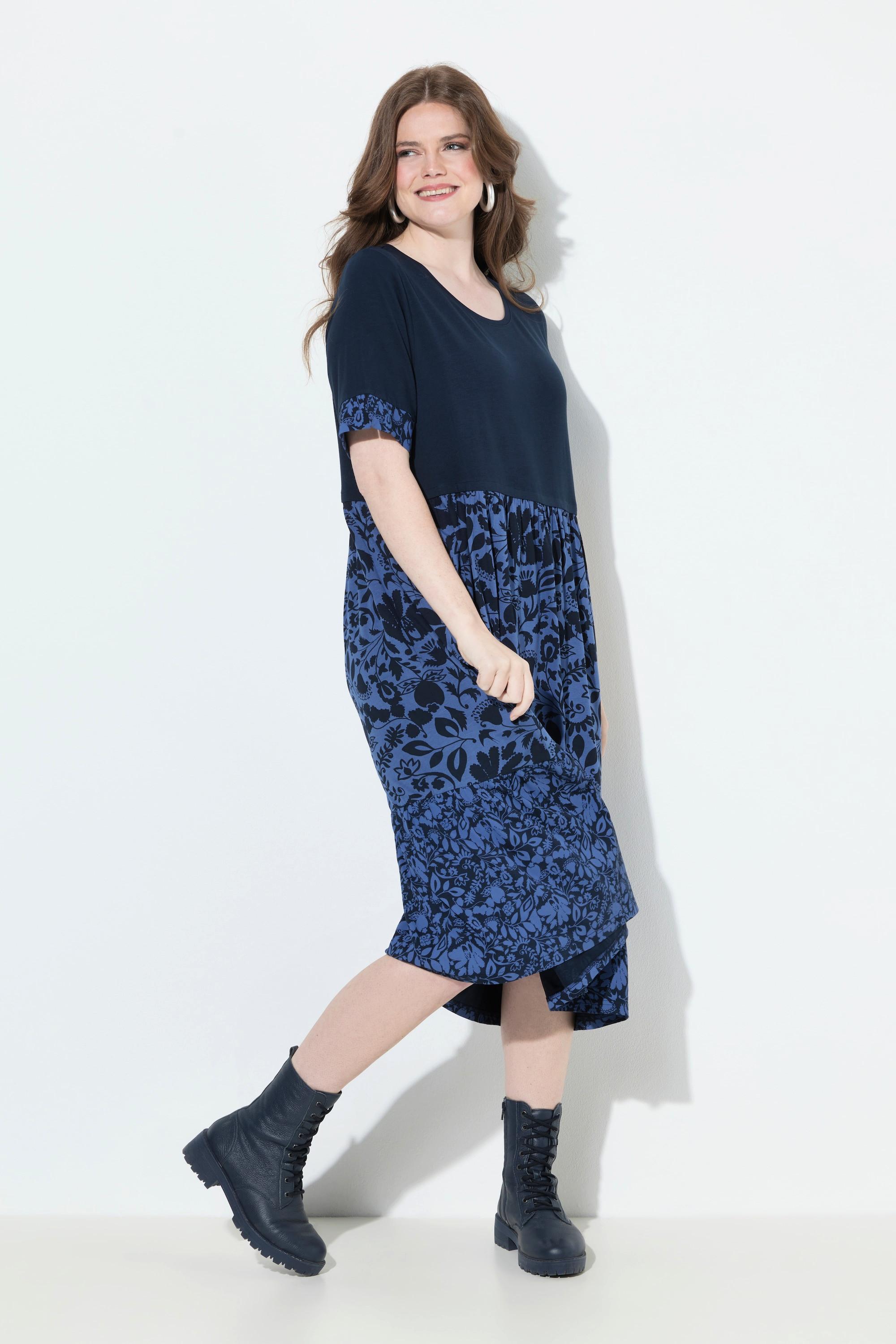 Ulla Popken Abito in Jersey Effetto Stratificato Linea ad A Scollo Rotondo Mezza Manica  