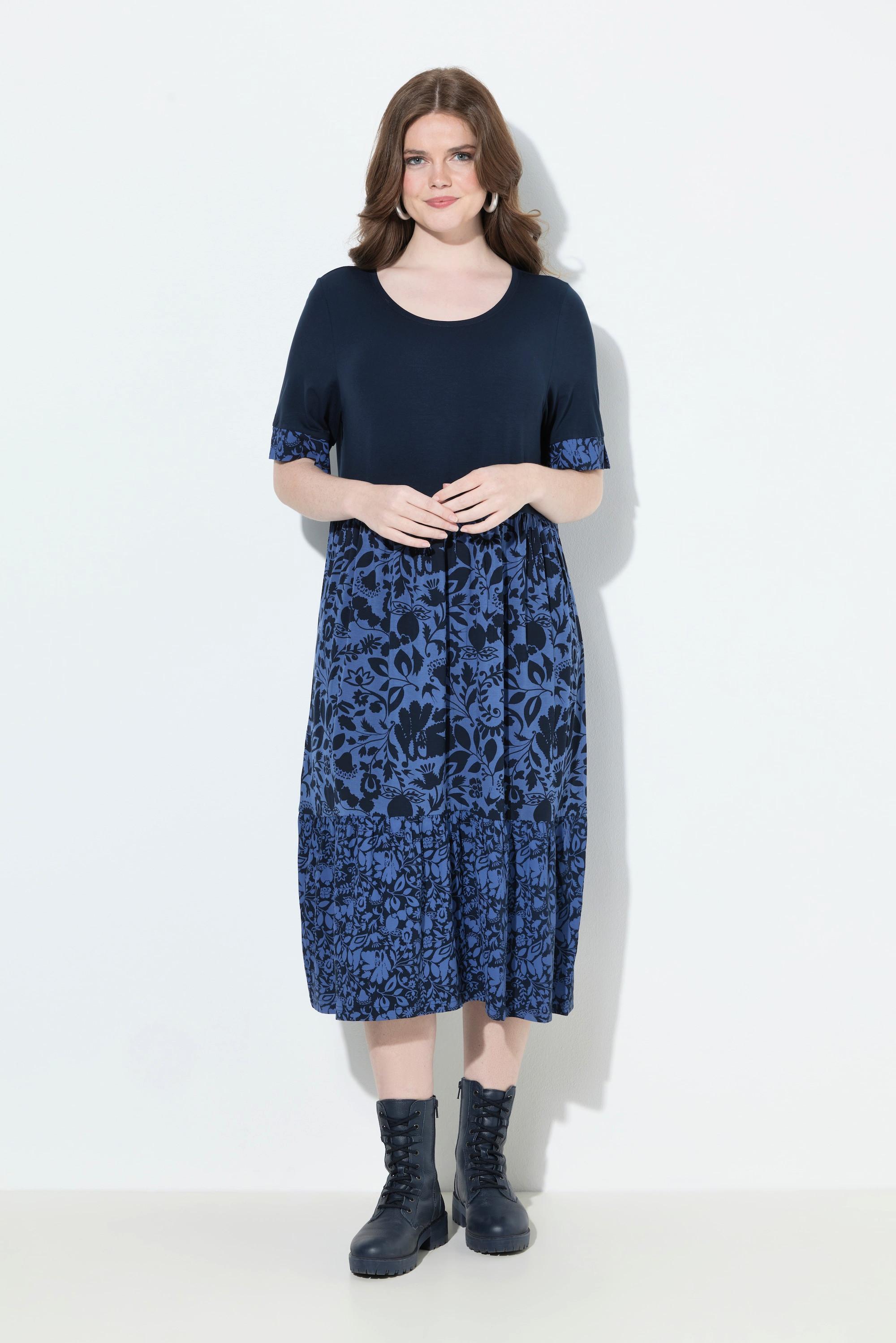 Ulla Popken Abito in Jersey Effetto Stratificato Linea ad A Scollo Rotondo Mezza Manica  