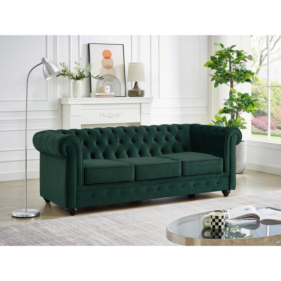 Vente-unique Canapé 3 places, 2 places et fauteuil en velours vert CHESTERFIELD  
