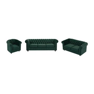 Canapé 3 places, 2 places et fauteuil en velours vert CHESTERFIELD