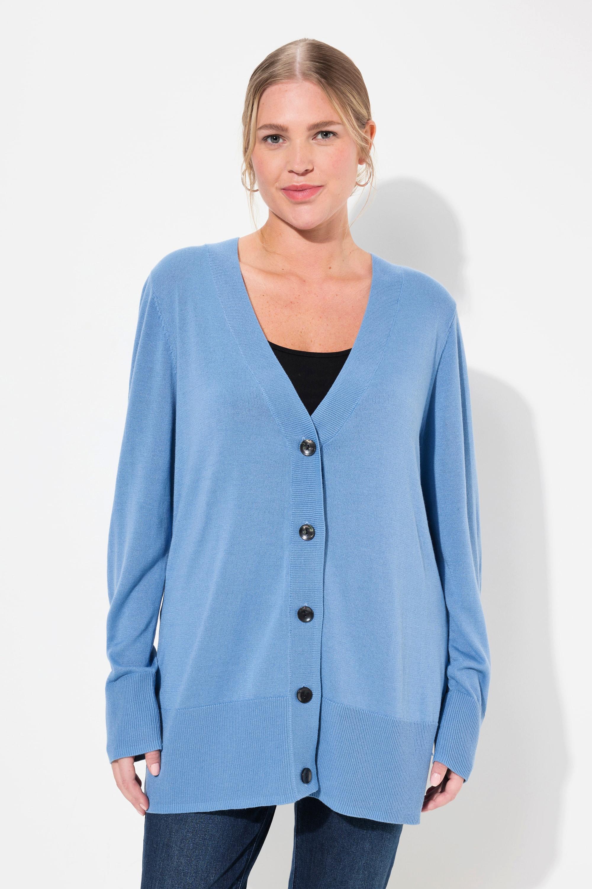 Ulla Popken  Cardigan fine maille, encolure en V et patte de boutonnage 