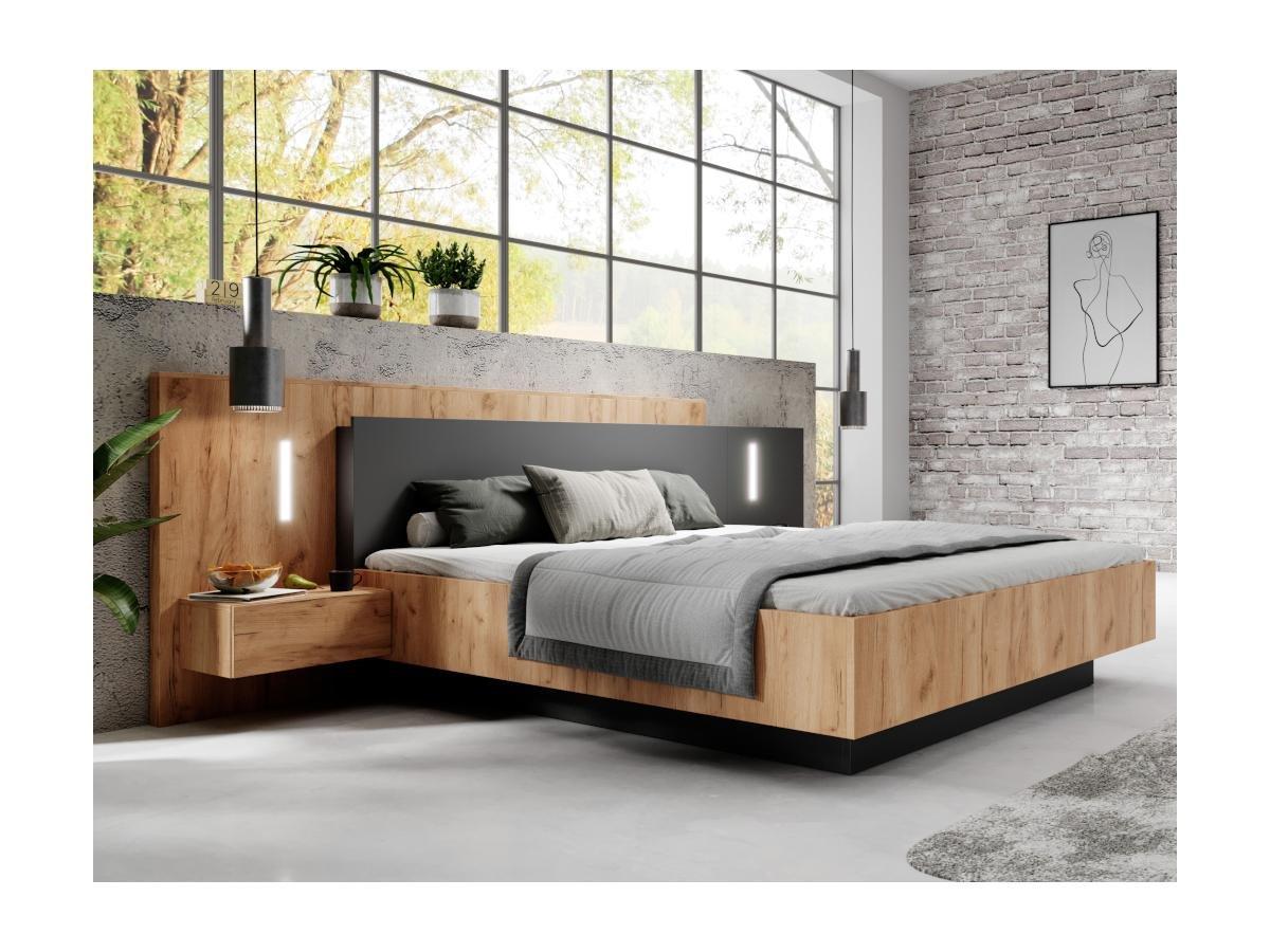 Vente-unique Bett mit integrierten Nachttischen - 160 x 200 cm - 2 Schubladen + LEDs + Lattenrost - Naturfarben & Anthrazit - FRANCOLI  