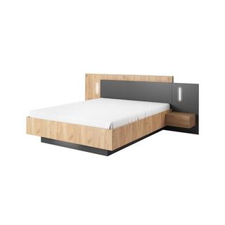 Vente-unique Bett mit integrierten Nachttischen - 160 x 200 cm - 2 Schubladen + LEDs + Lattenrost - Naturfarben & Anthrazit - FRANCOLI  