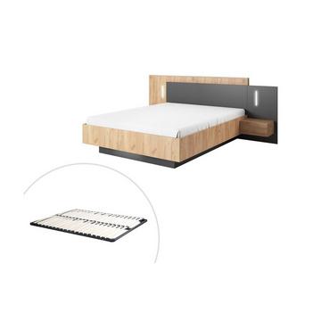 Bett mit integrierten Nachttischen - 160 x 200 cm - 2 Schubladen + LEDs + Lattenrost - Naturfarben & Anthrazit - FRANCOLI