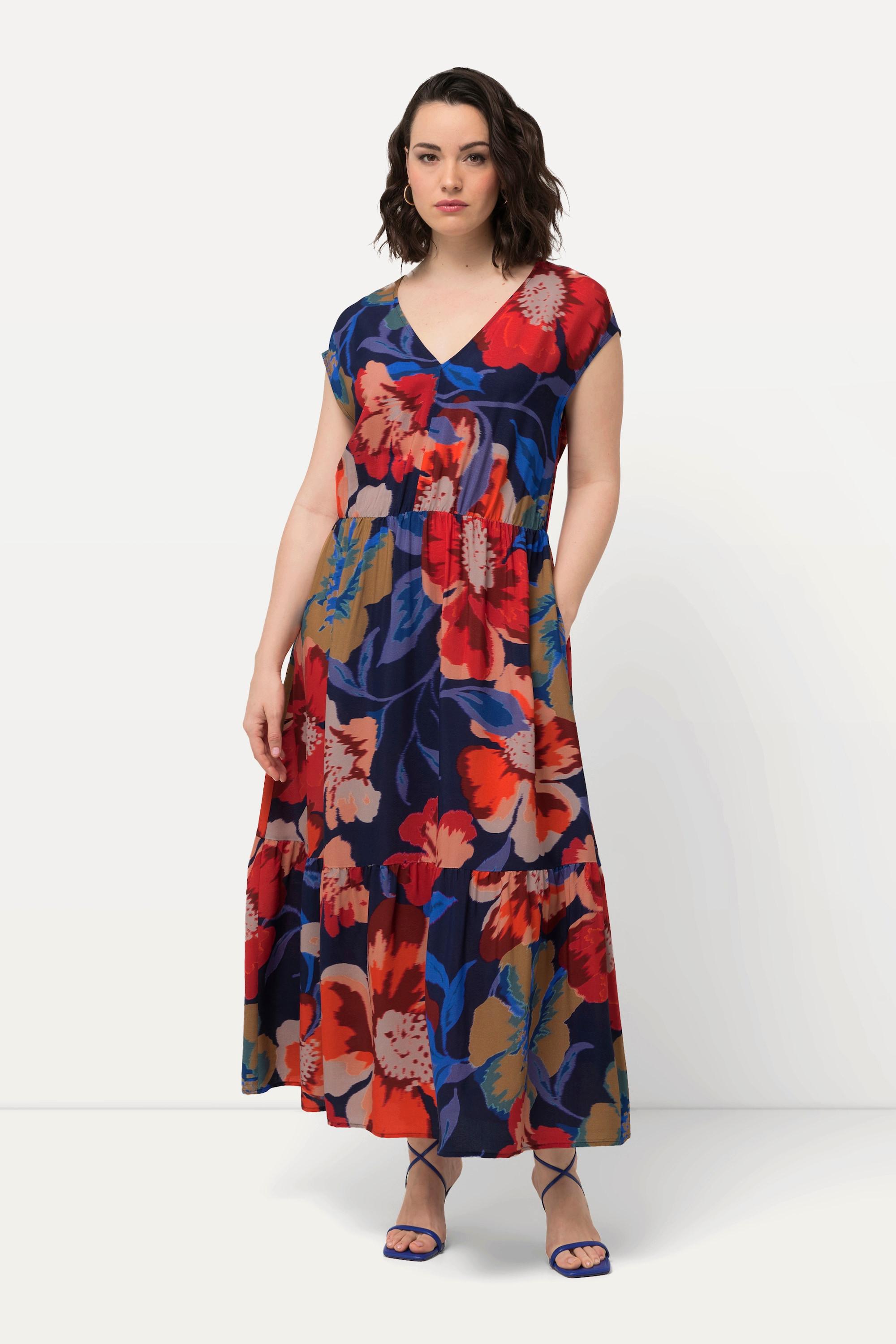 Ulla Popken  Maxikleid, Blüten, A-Linie, V-Ausschnitt, Halbarm 