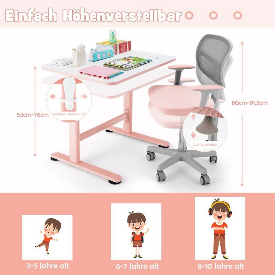 Northio  Kinder-Computerstuhl mit Einstellbarer Höhe & Selbstsichernden Rädern für 3-10 J. Kinder Rosa 