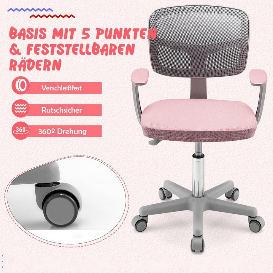Northio  Kinder-Computerstuhl mit Einstellbarer Höhe & Selbstsichernden Rädern für 3-10 J. Kinder Rosa 