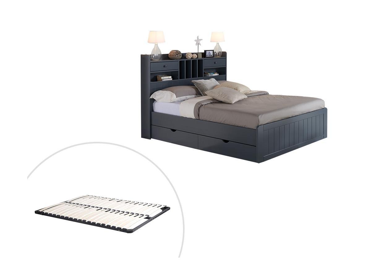 Vente-unique Lit avec rangements 140 x 190 cm - Pin - Gris anthracite + Sommier - MEDERICK  