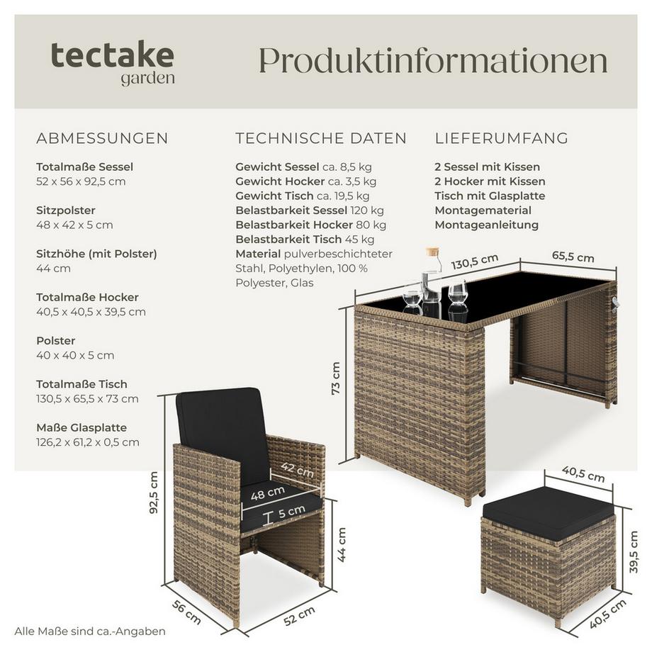 Tectake Salon de jardin en résine tressée PALERME pour 2 à 4 personnes  