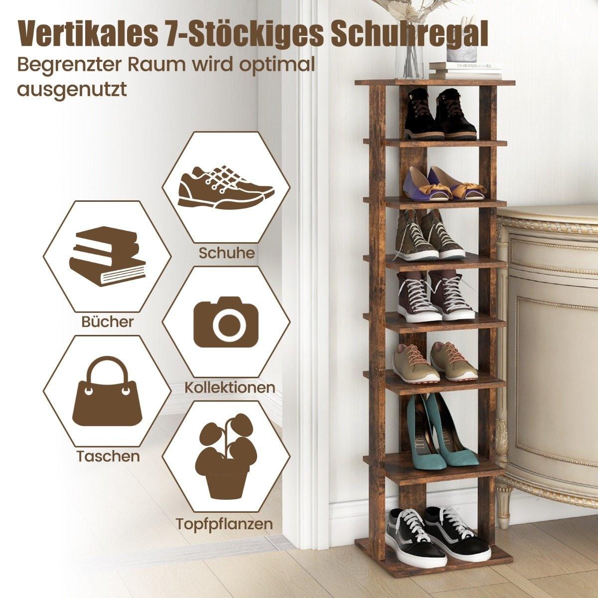 B2X Höheverstellbarer 8 stufiger Schuhständer aus Holz Platzsparendes Schuhregal Braun  