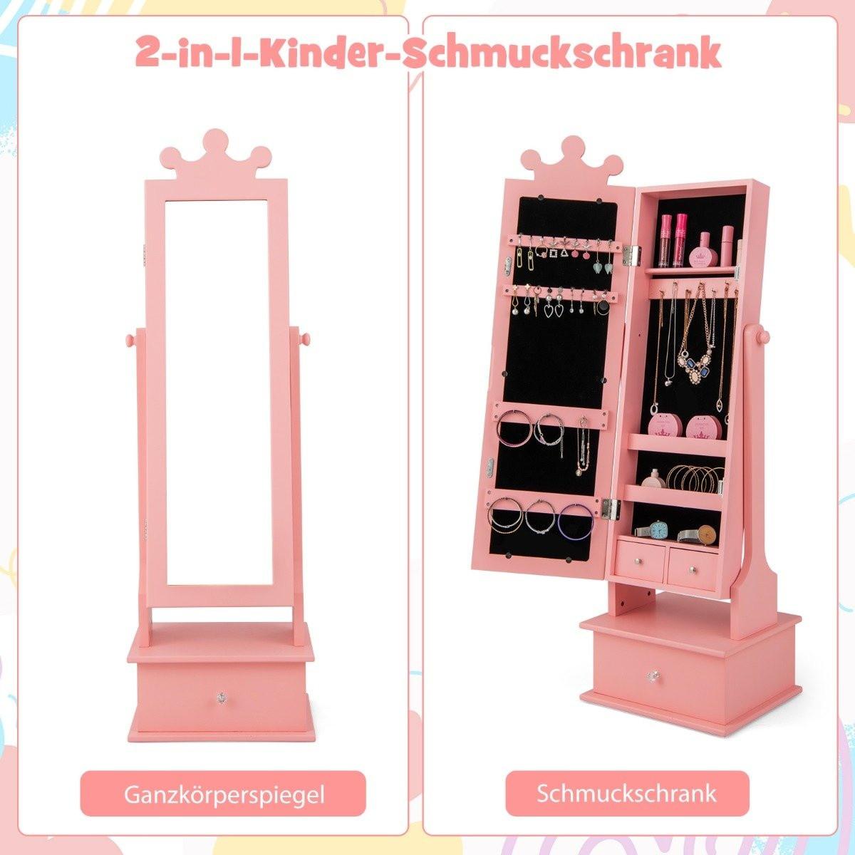 Northix Kinder Schmuckschrank mit Ganzkörperspiegel & 2 Neigungswinkeln & 3 Schubladen Rosa  