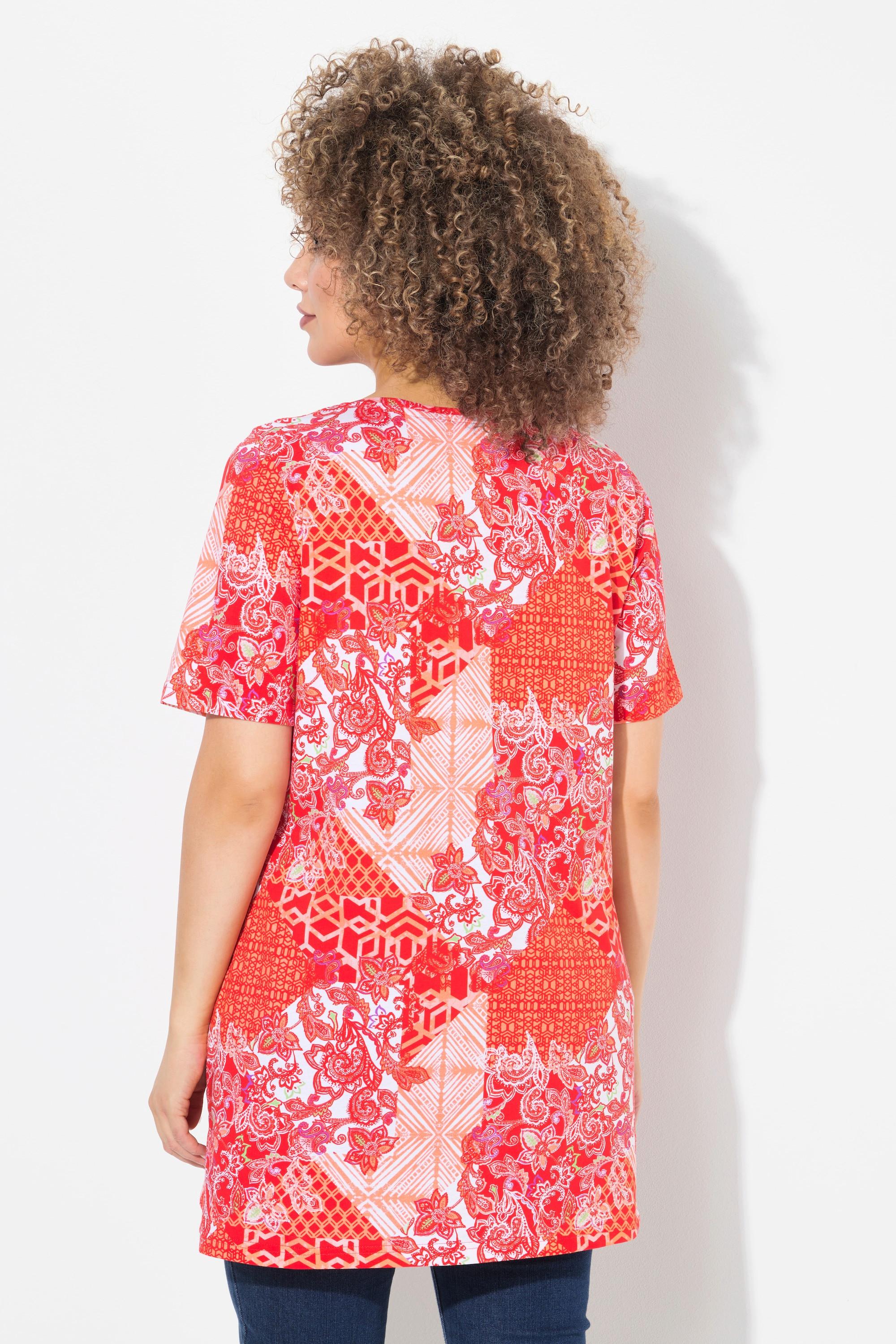 Ulla Popken Maglia lunga Stampa patchwork Scollo a V Mezze maniche Taglio svasato  