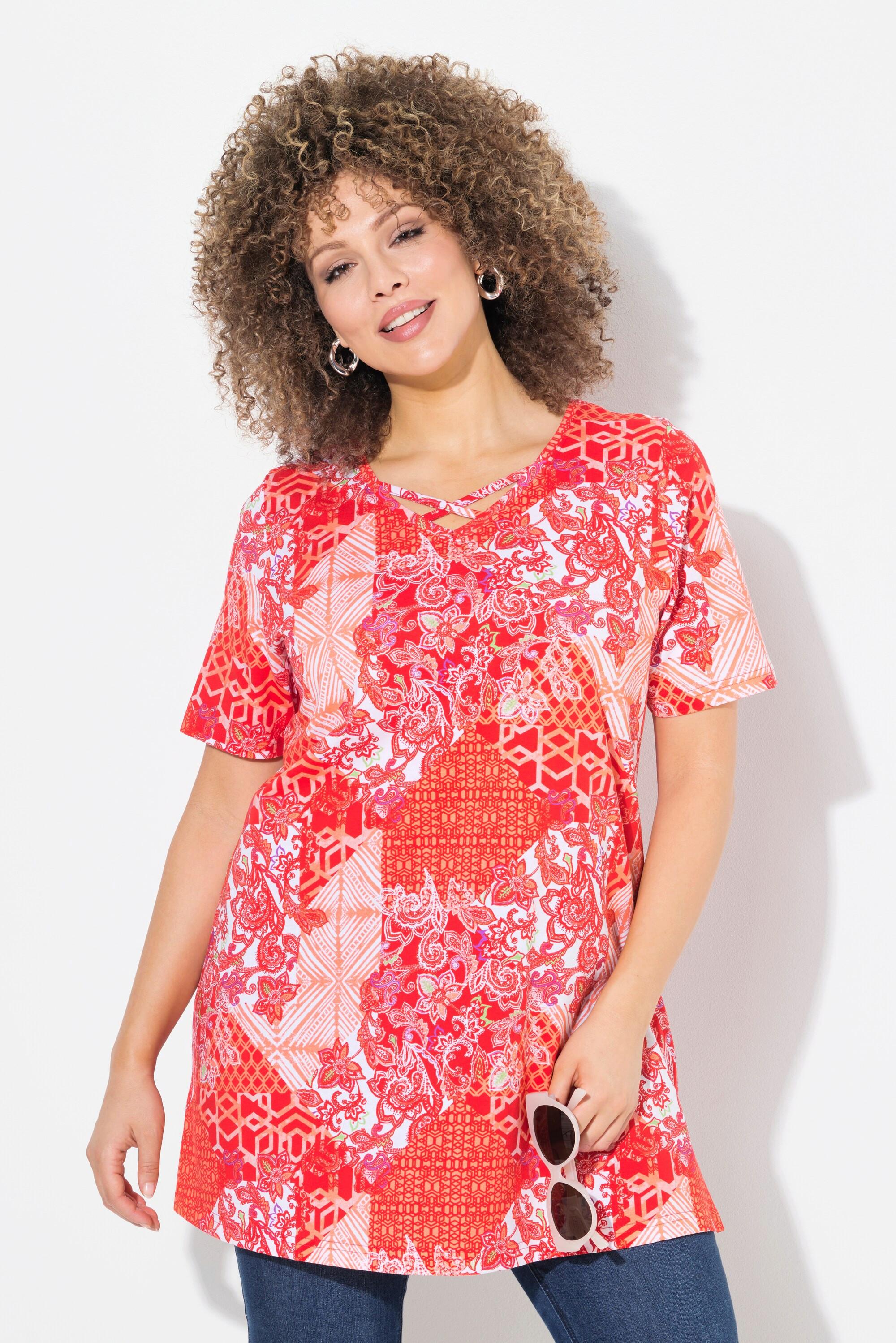 Ulla Popken Maglia lunga Stampa patchwork Scollo a V Mezze maniche Taglio svasato  