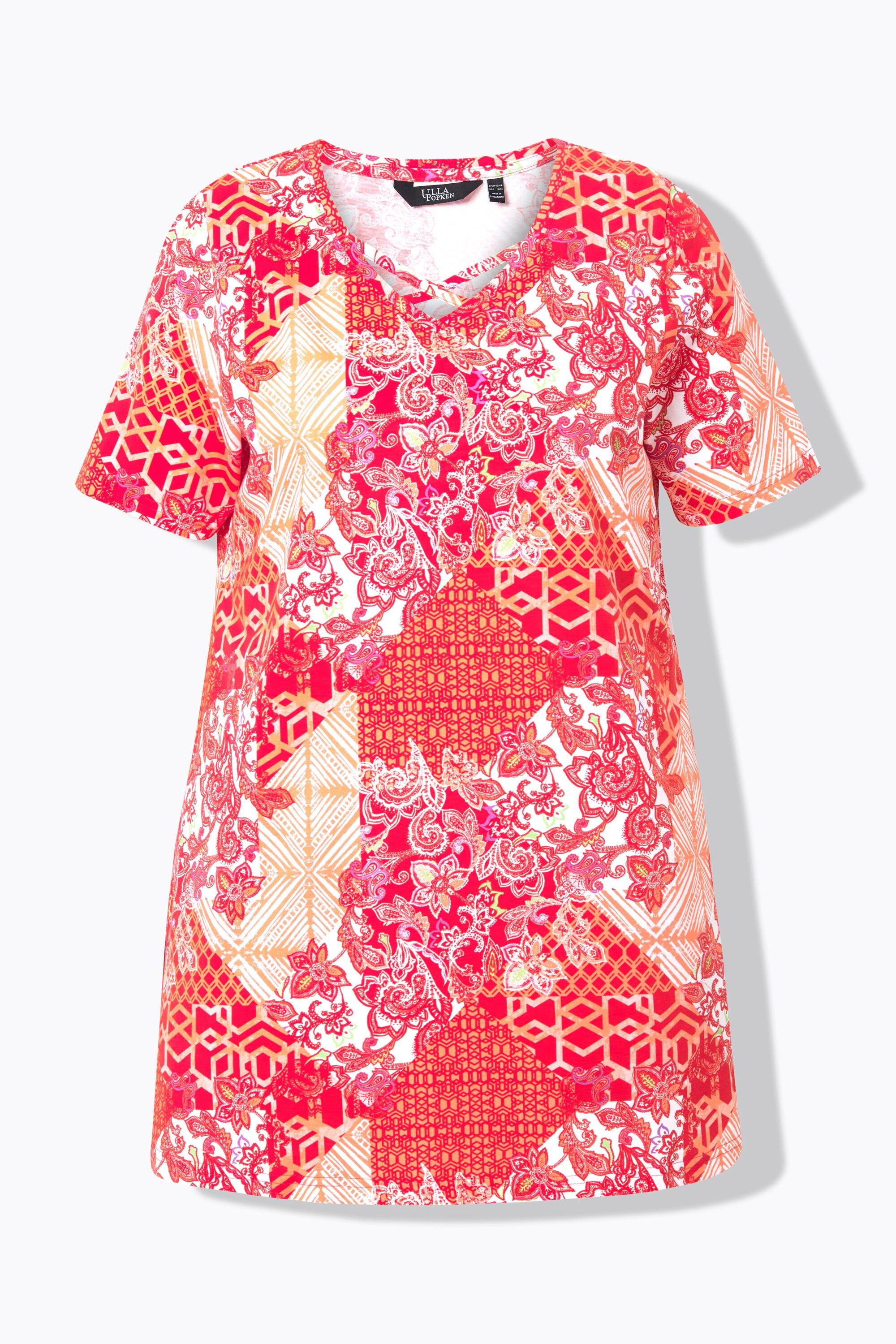 Ulla Popken Maglia lunga Stampa patchwork Scollo a V Mezze maniche Taglio svasato  