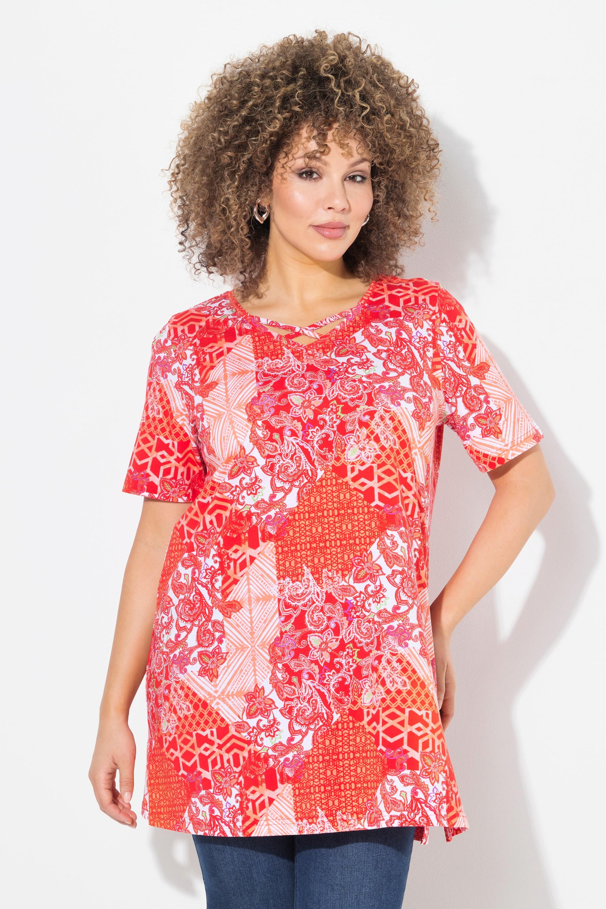 Ulla Popken Maglia lunga Stampa patchwork Scollo a V Mezze maniche Taglio svasato  