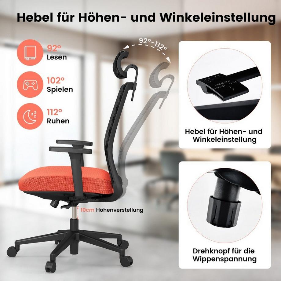 Northio Ergonomischer Bürostuhl mit Rückenlehne & Lendenstütze & komfortabler 3D-Kopfstütze bis 180 kg  