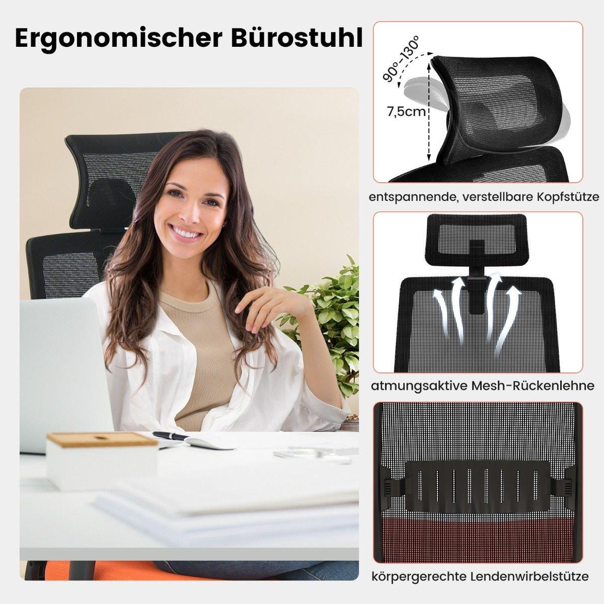 Northio Chaise de bureau ergonomique avec dossier, support lombaire et appui-tête 3D confortable jusqu'à 180 kg  