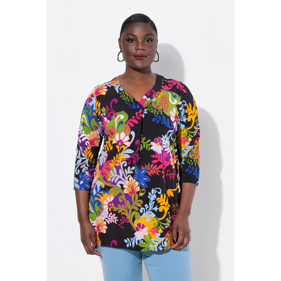 Ulla Popken Slinky A-Linie Zierfalte V-Ausschnitt 3/4-Arm Shirt  