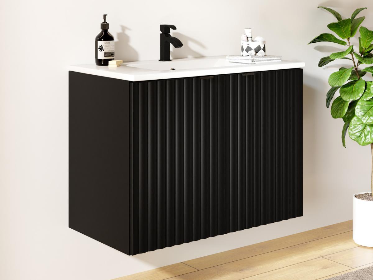 Vente-unique Meuble de salle de bain suspendu strié avec vasque à encastrer - Noir - L80 cm - ZILGA  