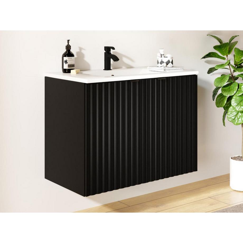 Vente-unique Mobile per bagno sospeso con scanalature e lavabo da incasso L80 cm Nero - ZILGA  