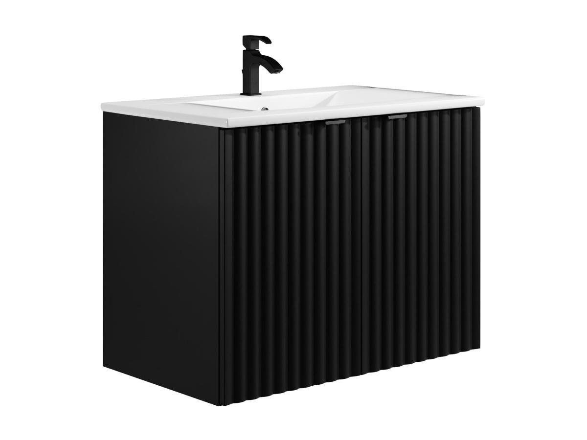 Vente-unique Meuble de salle de bain suspendu strié avec vasque à encastrer - Noir - L80 cm - ZILGA  