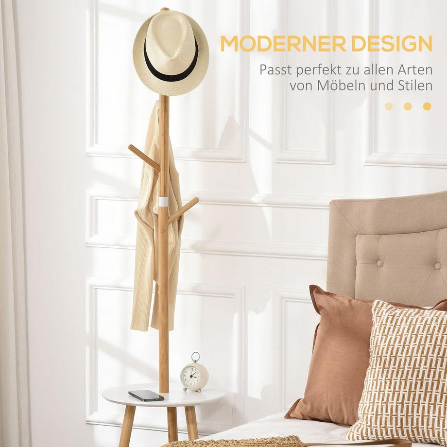 Northio  Garderobenständer Kleiderständer Mit 5 Kleiderhaken & Beistelltisch, 171 Cm Hoch, Natur+Weiß 