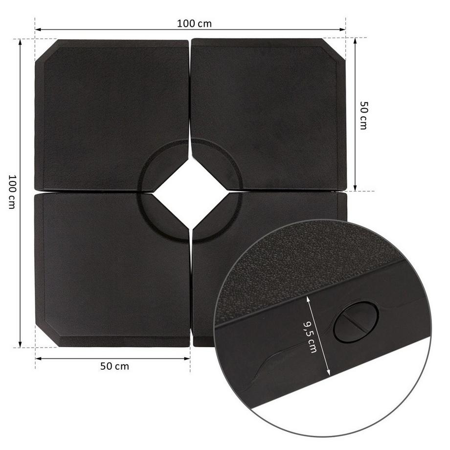 Northio Peso Dell'Ombrello, 4 Pezzi. Portaombrelli, Riempibile Con 80 Kg Di Acqua O 120 Kg Di Sabbia, Hdpe, Nero, 100 X 100 X 9,5 Cm  