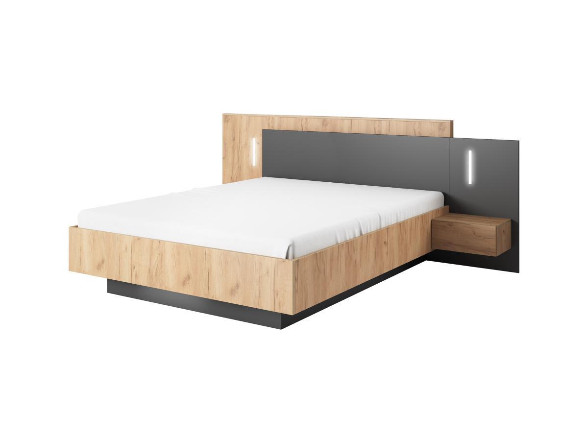 Vente-unique Bett mit integrierten Nachttischen - 160 x 200 cm - 2 Schubladen + LEDs - Naturfarben & Anthrazit - FRANCOLI  