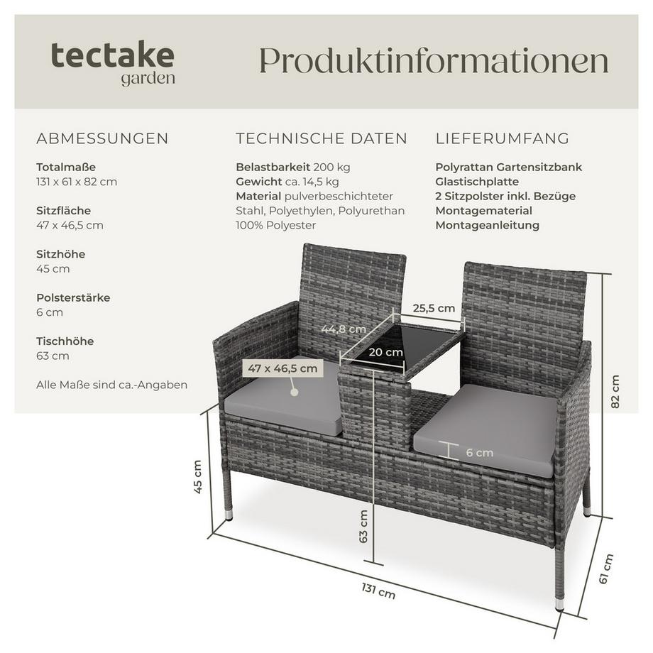 Tectake Rattan Gartensitzbank Narbonne 2-Sitzer widerstandsfähig  