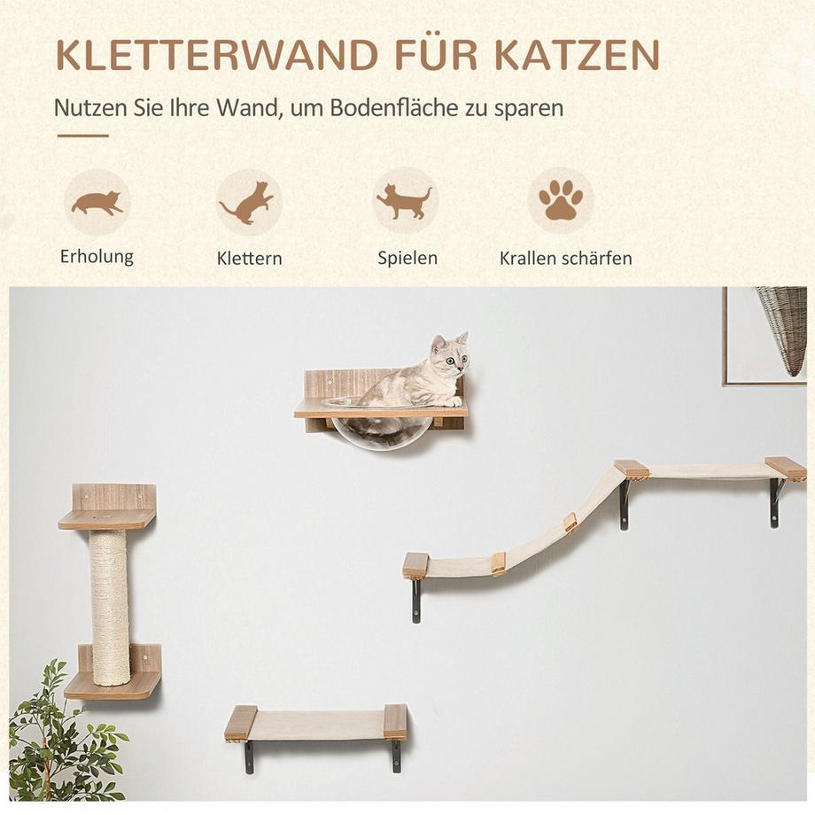 Northio  Set Für Katzen Mit Kratzbaum, Katzentreppe & Hängematte, Hellbraun, Sisal, Acryl, Kiefer 