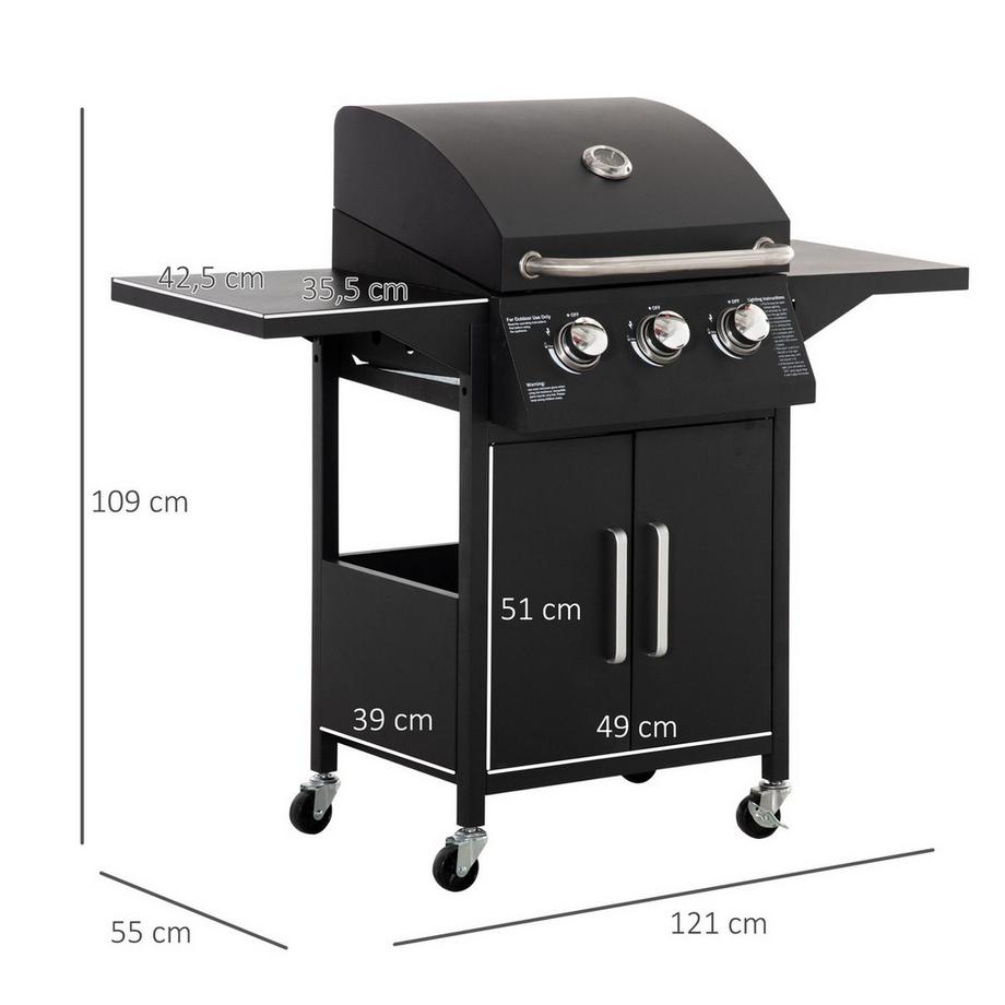 Northio  Gasgrill Bbq Mit 3 Brennern Je 3 Kw Mobiler Grillwagen Mit 4 Rädern Grillnetz Seitentischen Druckminderer Schläuche Stahl 121 X 55 X 109Cm 