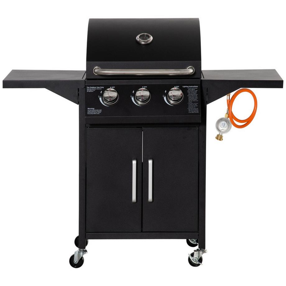 Northio  Gasgrill Bbq Mit 3 Brennern Je 3 Kw Mobiler Grillwagen Mit 4 Rädern Grillnetz Seitentischen Druckminderer Schläuche Stahl 121 X 55 X 109Cm 