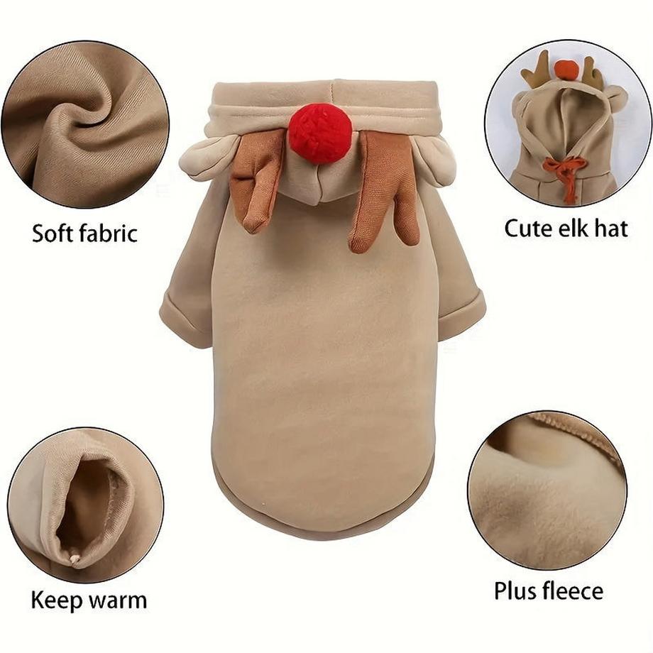 Gemütlicher Rentier-Kapuzenpulli in Apricot für kleine bis mittelgroße Hunde & Katzen - Festlicher Weihnachtspullover für Haustiere mit Kordelzug, waschmaschinenfest, Polyestermischung, XS