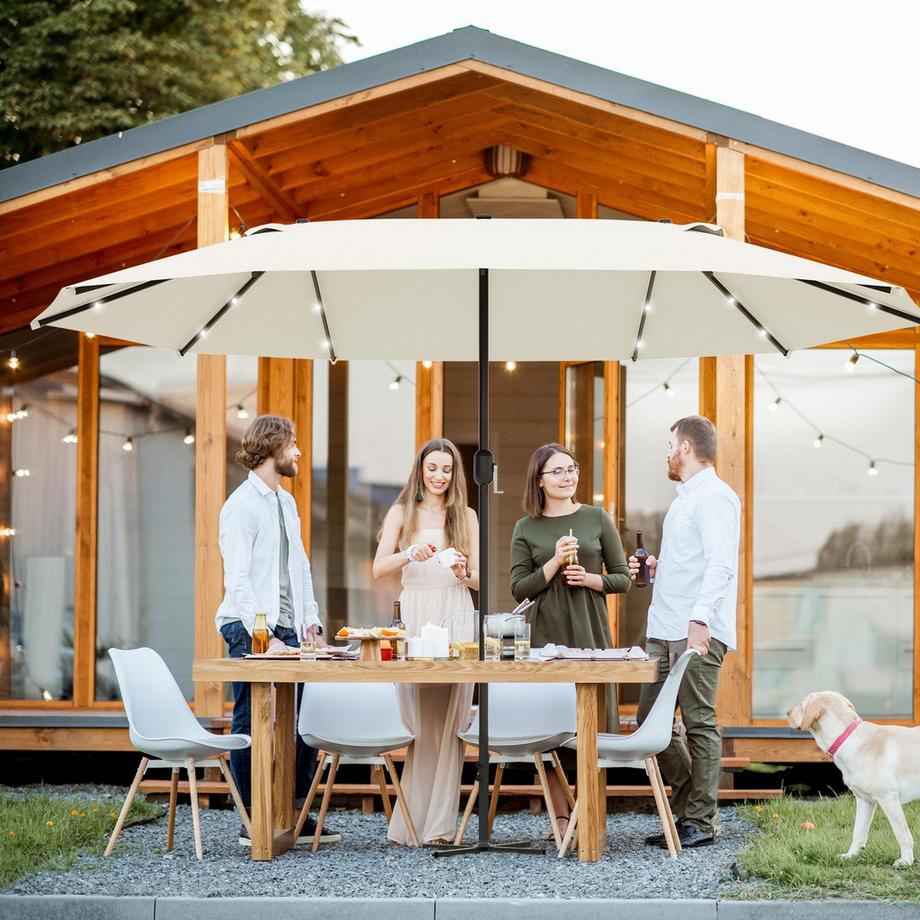 Northio Sonnenschirm Mit Led Doppelsonnenschirm 440 X 260 Cm Gartenschirm Marktschirm Groß Terrassenschirm Mit Handkurbel Oval Metall Cremeweiß  