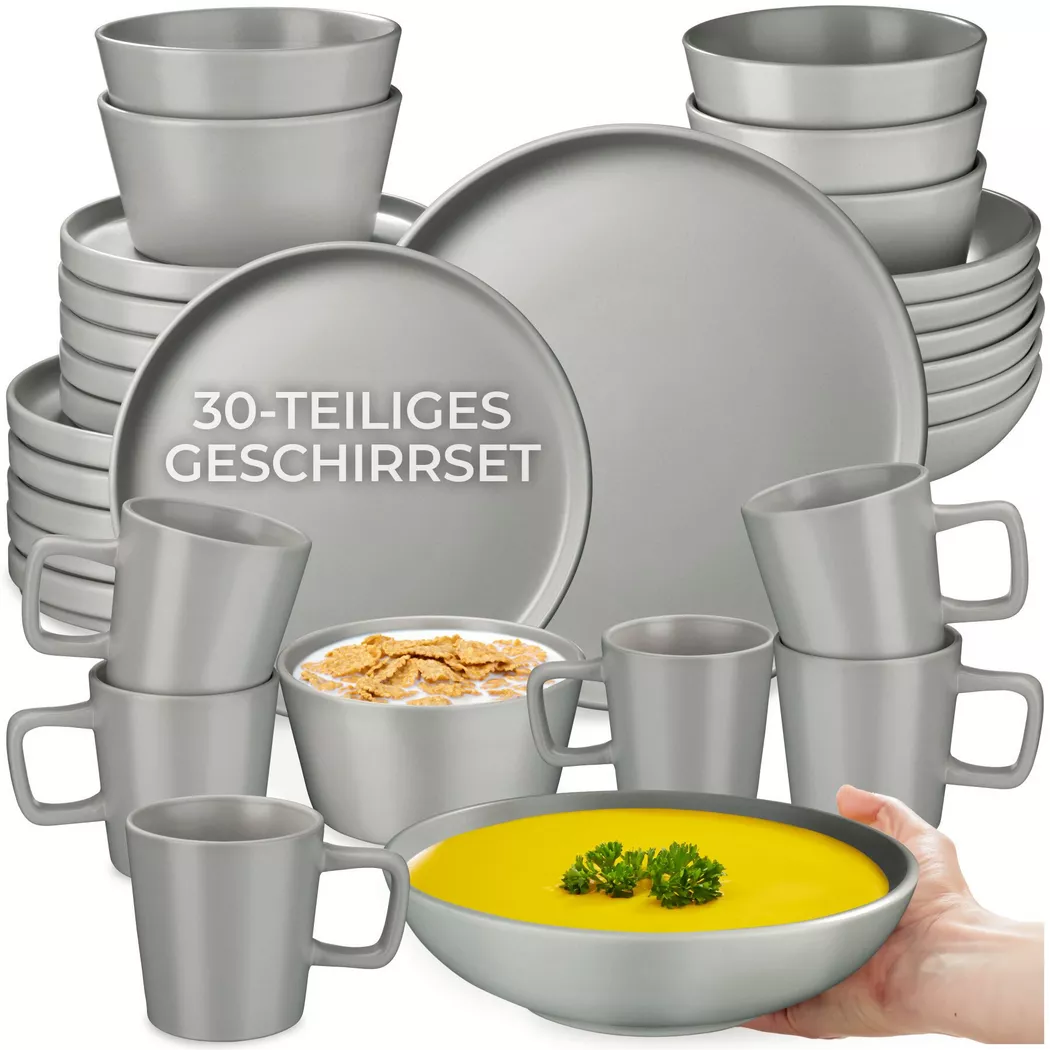 30 pièces service de table en grès pour 6 personnes gris