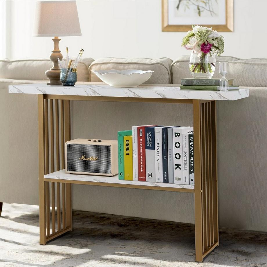 Northix  Table console 2 niveaux aspect marbre 120 x 29,5 x 92,5 cm blanc & or 