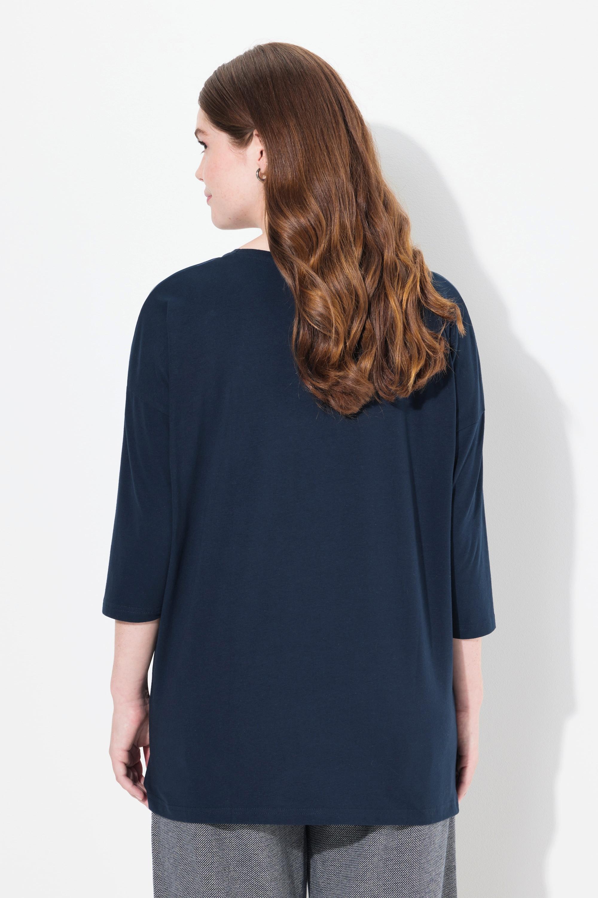 Ulla Popken  T-shirt oversize en coton bio, col rond et manches 3/4 