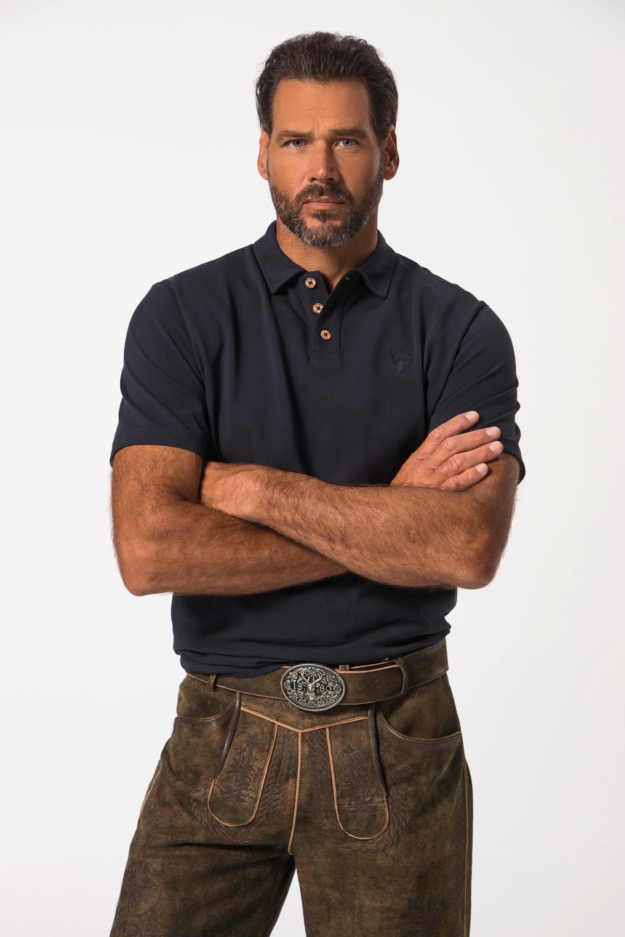 JP1880  Maglia polo JP1880 in piqué con ricami in tradizionale stile Tracht e mezze maniche blu scuro 