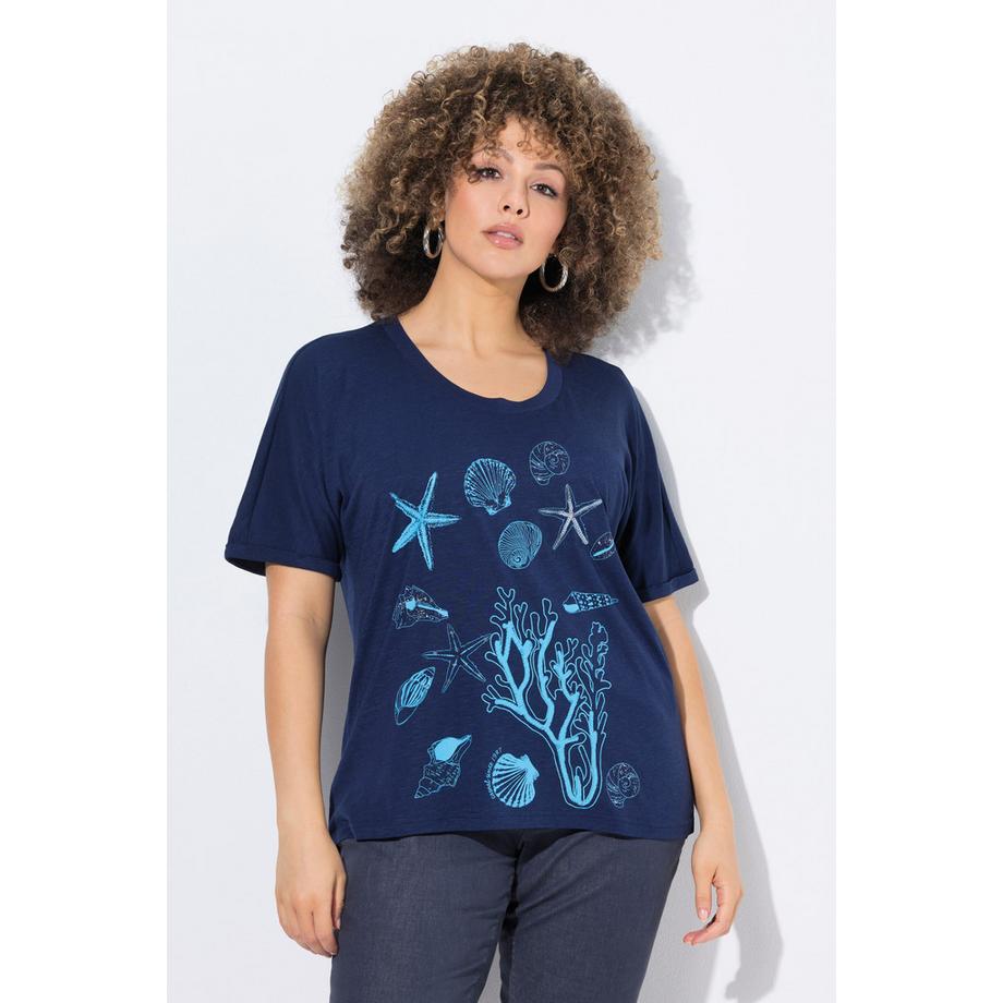 Ulla Popken Oversized Rundhals Halbarm T-Shirt Meerestiere Print  