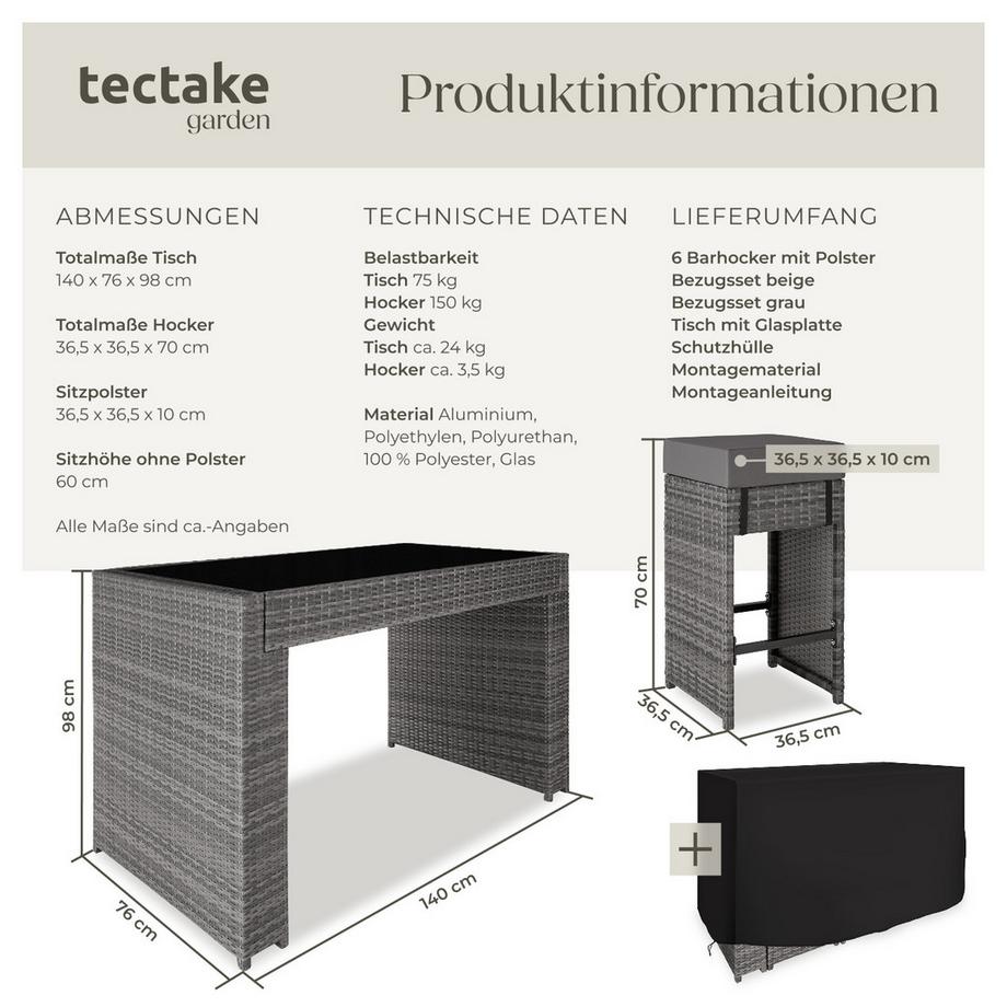 Tectake Aluminium Rattan Barset Ibiza wetterfest und UV-beständig Dicke der Sitzpolster 10 cm  