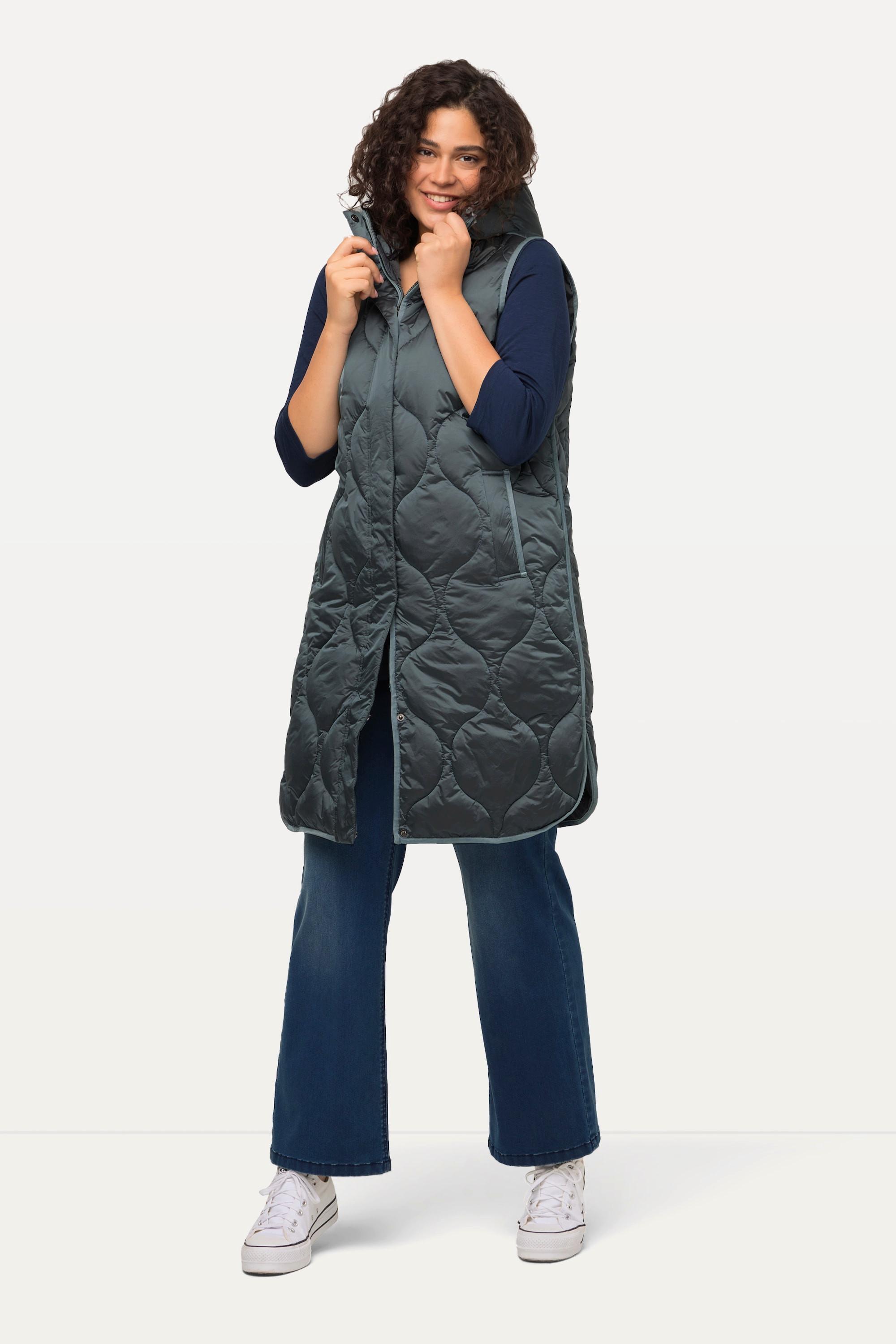 Ulla Popken  Long gilet matelassé HYPRAR, fermeture éclair à double curseur, matière imperméable 