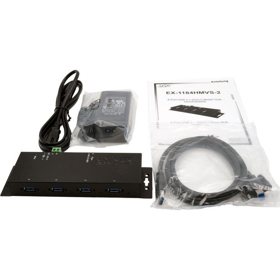 EXSYS  GmbH 4-Port USB 3.2 Gen 1 Metall HUB mit 15KV ESD Überspannungsschutz, A-Buchsen 