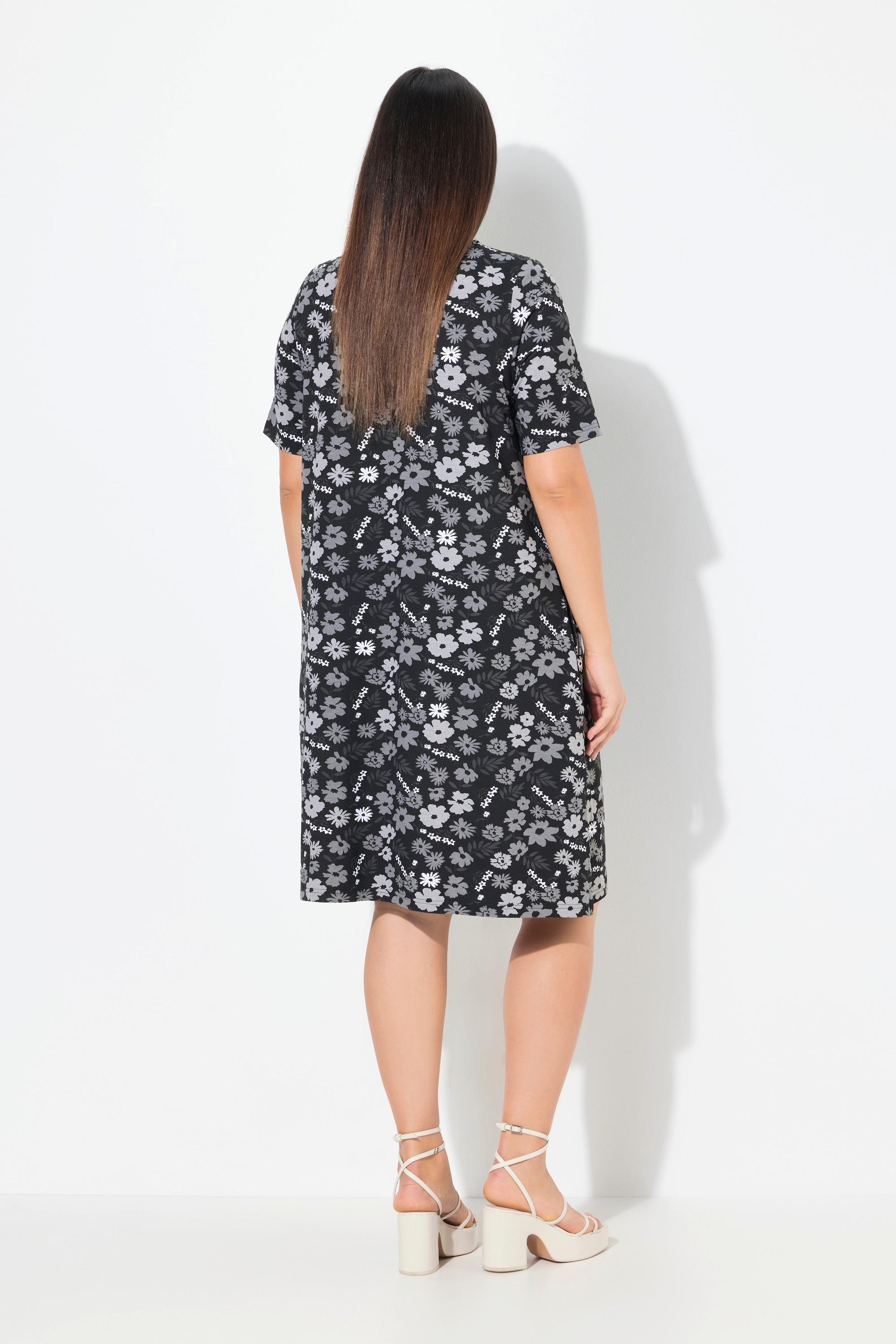 Ulla Popken Abito in Jersey Fiori Linea ad A Scollo a V Mezza Manica  