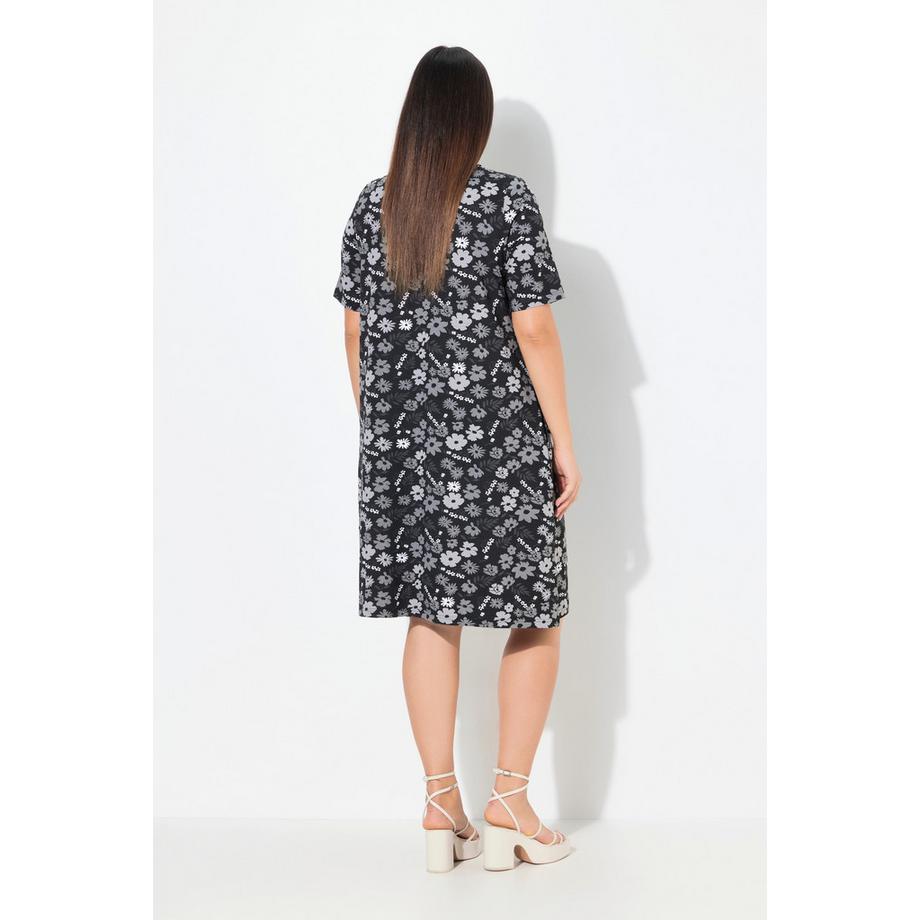 Ulla Popken Robe en Jersey Fleurs Coupe Évasée Col V Manches Courtes  